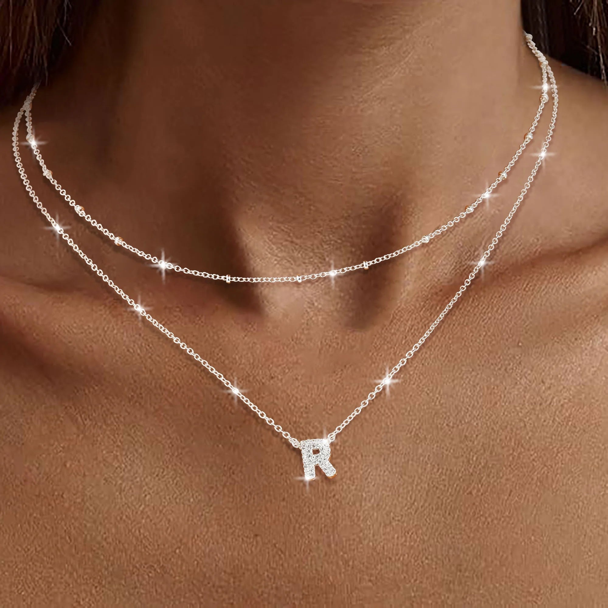 18K White Gold Plated Initial Necklaces for Women Mom Kid Girls Teen Wife Daughter Girlfriend CZ S925 Sterling Silver Letter R Necklace Set Birthday Age Mother'S Day Jewelry Gifts for Her